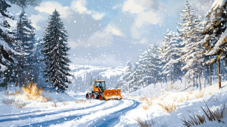 A vibrant yellow snowplow works to clear a winding road through a tranquil winter landscape, surrounded by snow-laden trees and soft falling snowflakes.の素材