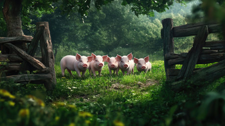 A charming scene featuring a group of adorable piglets standing at a rustic gate, basking in soft sunlight amidst lush greenery in a peaceful, rural setting.の素材