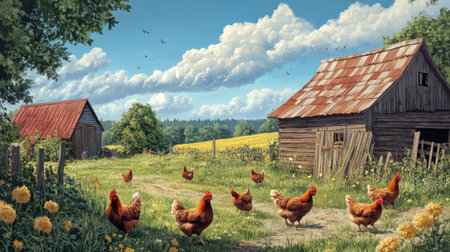 A picturesque rural scene showcasing chickens wandering freely around traditional barns, set against a bright blue sky adorned with fluffy white clouds and vibrant nature.の素材