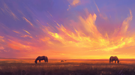 Experience the serene beauty of two horses grazing peacefully under a vibrant sunset sky, where dramatic colors blend seamlessly with soft clouds illuminating the tranquil landscape.の素材