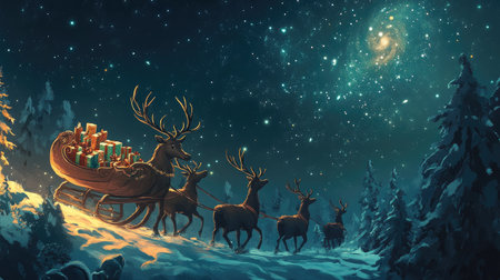 Experience a whimsical winter night with a sleigh and reindeer, carrying gifts through snowy trees, under a captivating starry sky, perfect for holiday celebrations.の素材
