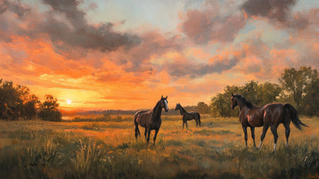 A breathtaking scene of majestic horses grazing in a serene pasture at sunset, with warm golden light illuminating the landscape under a colorful sky.の素材