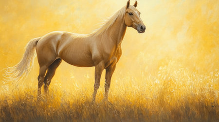 A stunning golden horse stands elegantly in a sunlit field, surrounded by vibrant yellow grass. This serene image captures the spirit and beauty of nature, reflecting tranquility and freedom.の素材