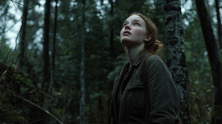 A young woman stands in a dense forest, looking upwards in awe, surrounded by towering trees, evoking a sense of wonder and exploring the beauty of nature.の素材