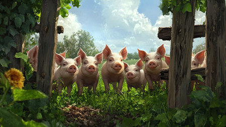 A delightful scene featuring a group of curious pigs at a wooden gate, set in a vibrant green field under a picturesque sky, showcasing the charm of rural life.の素材