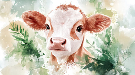 This artistic depiction features a young calf with an expressive face, surrounded by soft greenery, creating a serene and beautiful representation of rural life and nature.の素材