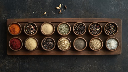 A stunning arrangement of diverse spices and seasonings in round wooden bowls, sitting on a dark surface, perfect for enhancing culinary creativity and flavor exploration.の素材