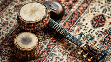 A close-up image of traditional tabla drums and a string instrument placed on an ornate rug, showcasing intricate textures and patterns in soft natural light.の素材