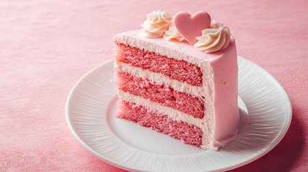 A beautiful slice of pink cake topped with creamy frosting and heart decorations, ideal for celebrations and special occasions, offering a delightful treat for all.の素材