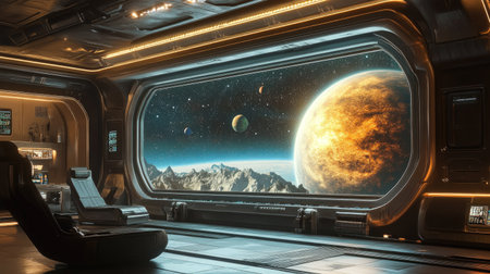 A stunning view from a futuristic space station showing a breathtaking celestial landscape with vibrant planets and mountains, ideal for sci-fi and exploration themes.の素材