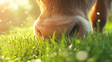 A stunning close-up image of a cow's nose grazing in the vibrant green grass, illuminated by soft sunlight, showcasing the serene beauty of rural life in nature.の素材