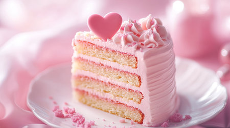 A beautifully styled slice of pink cake featuring creamy icing and a cute heart decoration. This dessert creates a joyful ambiance perfect for celebrations and special occasions.の素材