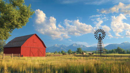 Enjoy the tranquil beauty of a rustic rural landscape featuring a classic red barn, a windmill, grazing cattle, and stunning mountains under a bright blue sky.の素材