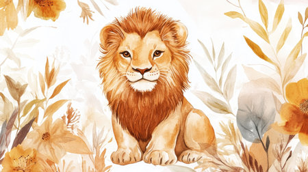 This charming lion illustration captures the innocence and beauty of wildlife, surrounded by gorgeous floral elements in warm earthy colors. Perfect for nature lovers.の素材