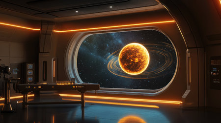 Explore a stunning futuristic interior featuring bright orange lighting and a mesmerizing view of a planet, ideal for themes of science fiction and cosmic exploration.の素材