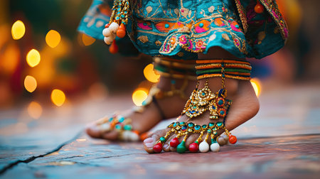 Captivating image of ornate feet adorned with colorful jewelry, showcasing the grace and beauty of traditional dance during a vibrant festival celebration.の素材