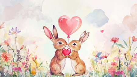 This charming illustration features two bunnies sharing a heart, symbolizing love amidst a vibrant floral meadow. Perfect for spring themes and love celebrations.の素材