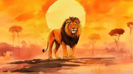 A beautiful illustration of a proud lion in a stunning sunset, showcasing the warmth of nature and the beauty of wildlife in an African scene.の素材