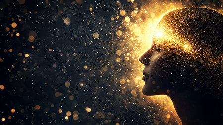 Light rays emerging from a human head, representing enlightenment. Copy space.の素材