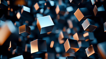 Layers of floating, rotating squares in a digital perspective. Copy space.の素材