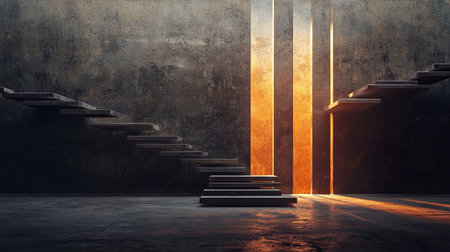 Surreal 3D scene of floating staircases leading to glowing portals, copy spaceの素材