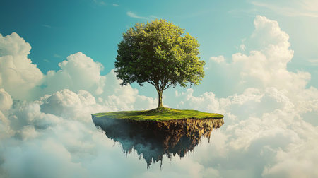Surreal floating island with a tree growing ideas and innovation. Copy space.の素材