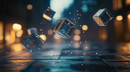 Levitating 3D cubes with reflective surfaces and smooth lighting, copy spaceの素材
