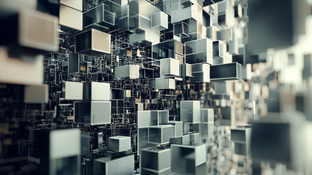 Layers of floating, rotating squares in a digital perspective. Copy space.の素材