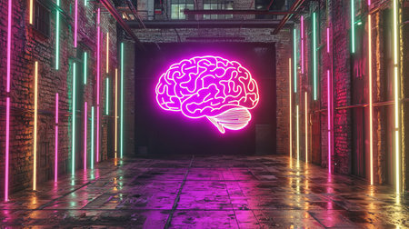 Modern artistic brain sculpture with neon details, representing innovation. Copy space.の素材