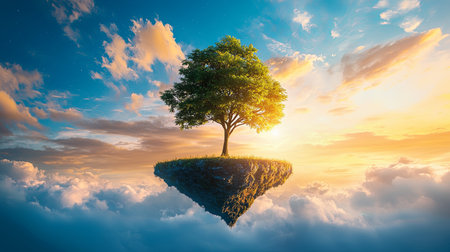 Surreal floating island with a tree growing ideas and innovation. Copy space.の素材