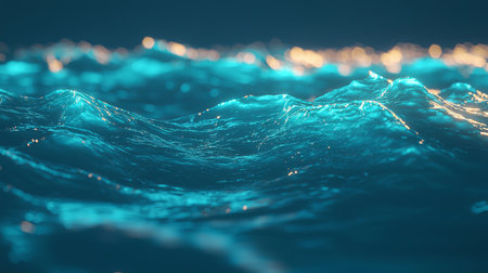 Surreal 3D ocean waves frozen in time, glowing blue reflections, copy spaceの素材