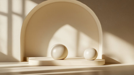 Minimalist 3D geometric art with smooth surfaces and soft lighting, copy spaceの素材