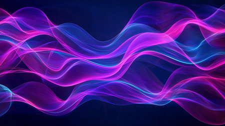 Interwoven layers of neon-colored waves flowing dynamically in space. Copy space.の素材