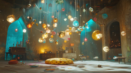 Surreal 3D dreamscape with floating objects and ethereal lighting, copy spaceの素材