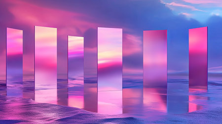 Surreal 3D space with floating glass panels reflecting neon lights, copy spaceの素材