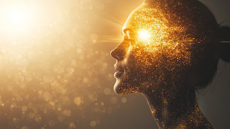 Light rays emerging from a human head, representing enlightenment. Copy space.の素材