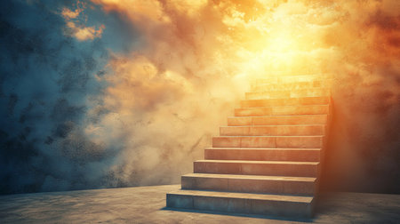 Surreal floating staircase leading to a glowing gateway of inspiration. Copy space.の素材