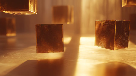 Levitating 3D cubes with reflective surfaces and smooth lighting, copy spaceの素材