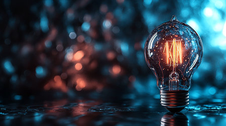 Minimalist glowing light bulb with a modern, futuristic background. Copy space.の素材