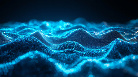 Surreal 3D ocean waves frozen in time, glowing blue reflections, copy spaceの素材