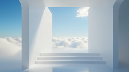 Surreal staircase floating into infinity, creating a sense of endless space. Copy space.の素材