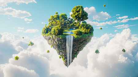 Surreal floating islands with waterfalls and bright skies, evoking wonder. Copy space.の素材