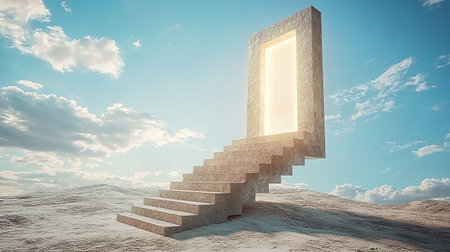 Surreal floating staircase leading to a glowing gateway of inspiration. Copy space.の素材