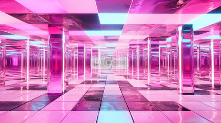 Surreal 3D space with floating glass panels reflecting neon lights, copy spaceの素材