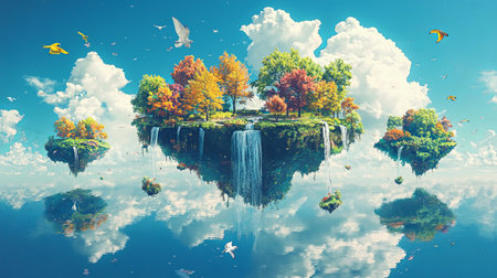 Surreal floating islands with waterfalls and bright skies, evoking wonder. Copy space.の素材