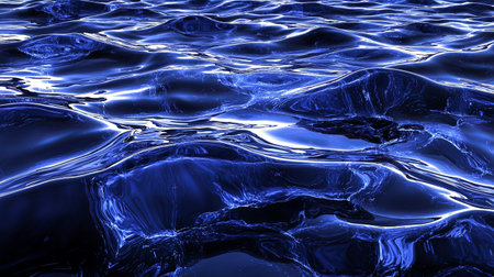 Surreal 3D ocean waves frozen in time, glowing blue reflections, copy spaceの素材