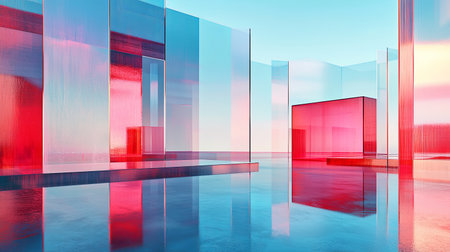 Surreal 3D space with floating glass panels reflecting neon lights, copy spaceの素材