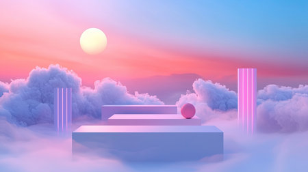 Surreal 3D dreamscape with floating objects and ethereal lighting, copy spaceの素材