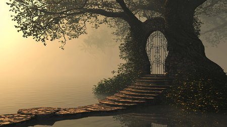 Surreal floating staircase leading to a glowing gateway of inspiration. Copy space.の素材