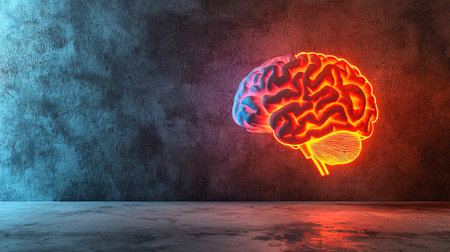 Modern artistic brain sculpture with neon details, representing innovation. Copy space.の素材